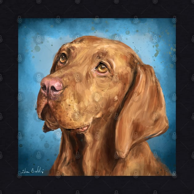 Painting of a Curious Hungarian Vizsla on a Blue Background by ibadishi